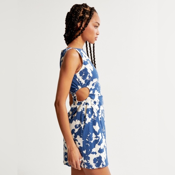 Stretch Cotton Cutout Mini Dress with side cutouts and abstract blue floral - Picture 6 of 15